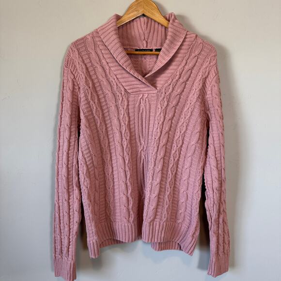 Jeanne Pierre Pink Cable Knit Sweater XL Shawl Collar Pullover Preppy Cottage - Picture 2 of 8